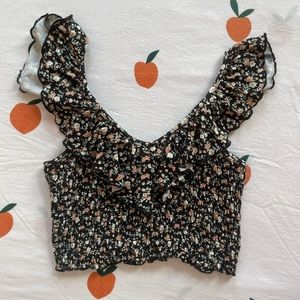 American Eagle Black Floral Ruffle Top